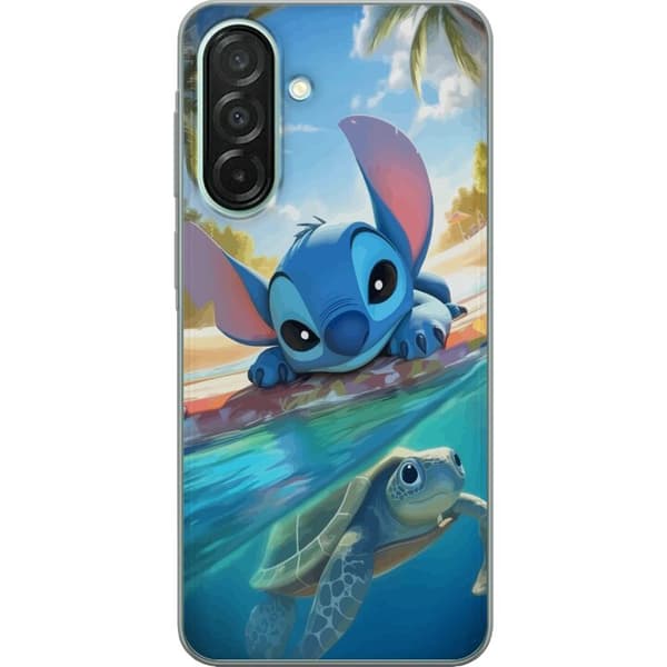Samsung Galaxy A26 Gennemsigtig cover Stitch med skildpadde - sød blå alien i tropisk strandmiljø fra Disney