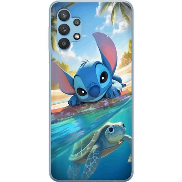 Samsung Galaxy A32 5G Gennemsigtig cover Stitch med skildpadde - sød blå alien i tropisk strandmiljø fra Disney