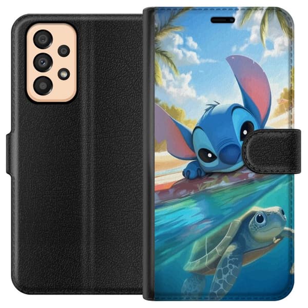 Samsung Galaxy A33 5G Lommeboketui Stitch med skilpadde - søt blå alien i tropisk strandmiljø fra Disney