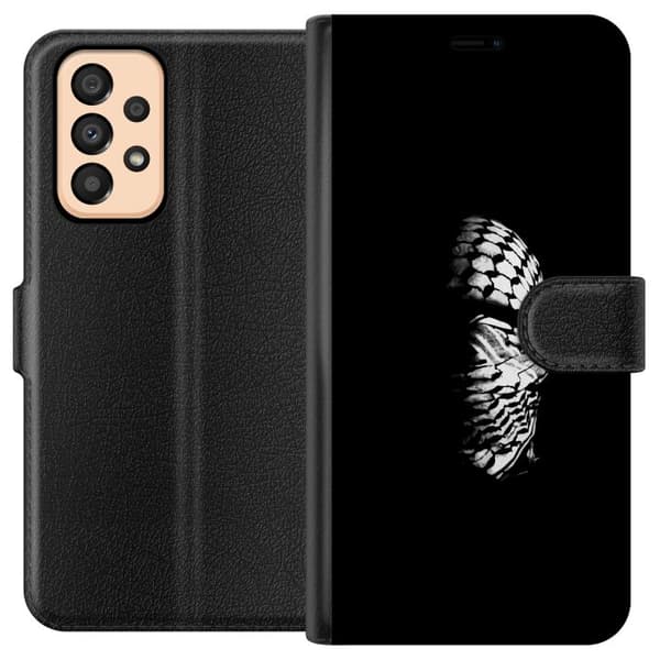Samsung Galaxy A33 5G Lompakkokotelo Keffiyeh-kuviointi - klassinen palestiinalainen mustavalkoinen shaali, jolla on kulttuurinen merkitys