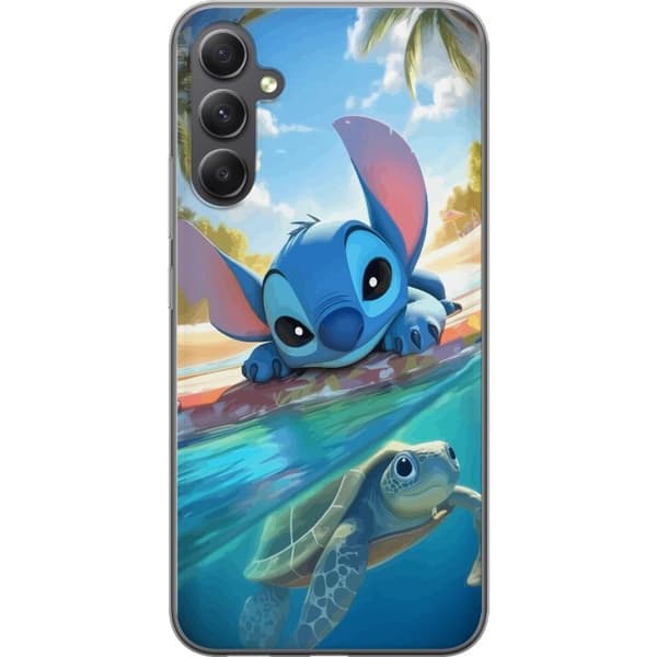 Samsung Galaxy A35 Gennemsigtig cover Stitch med skildpadde - sød blå alien i tropisk strandmiljø fra Disney