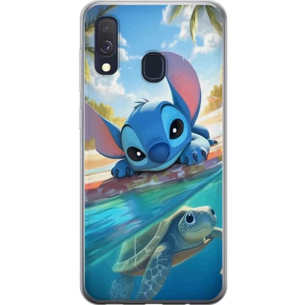 Samsung Galaxy A40 Gennemsigtig cover Stitch med skildpadde - sød blå alien i tropisk strandmiljø fra Disney