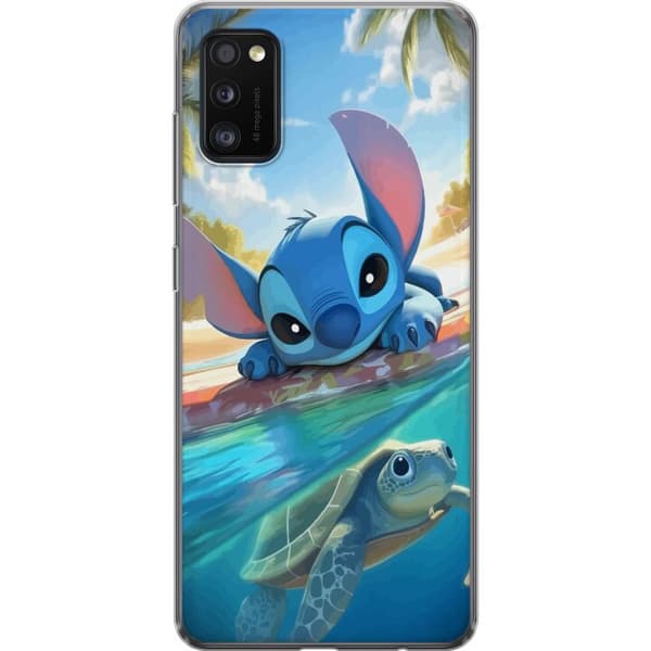 Samsung Galaxy A41 Läpinäkyvä kuori Stitch kilpikonnalla - söpö sininen avaruusolento trooppisessa rantaympäristössä Disneyn tapaan