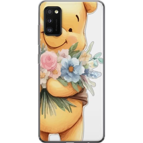 Samsung Galaxy A41 Gennemsigtig cover Nalle Puh med blomster - klassisk børnefavorit i en blomstrende forårs miljø
