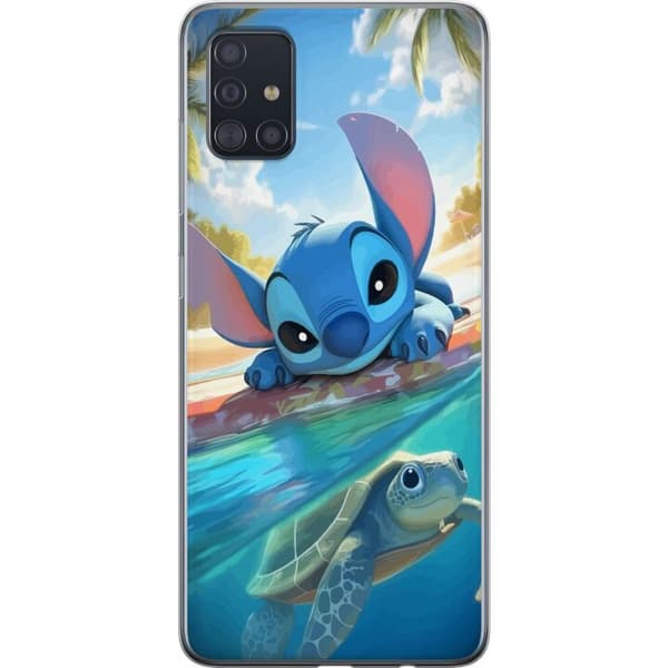 Samsung Galaxy A51 Gennemsigtig cover Stitch med skildpadde - sød blå alien i tropisk strandmiljø fra Disney