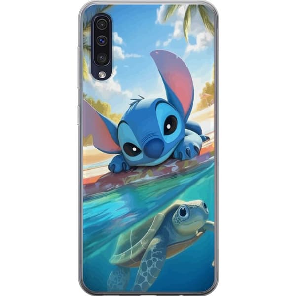 Samsung Galaxy A50 Gennemsigtig cover Stitch med skildpadde - sød blå alien i tropisk strandmiljø fra Disney