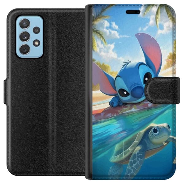 Samsung Galaxy A52 5G Lommeboketui Stitch med skilpadde - søt blå alien i tropisk strandmiljø fra Disney