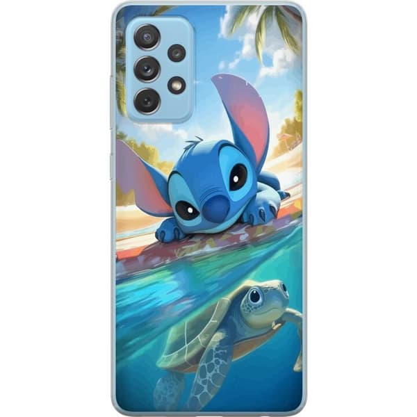 Samsung Galaxy A52 5G Läpinäkyvä kuori Stitch kilpikonnalla - söpö sininen avaruusolento trooppisessa rantaympäristössä Disneyn tapaan