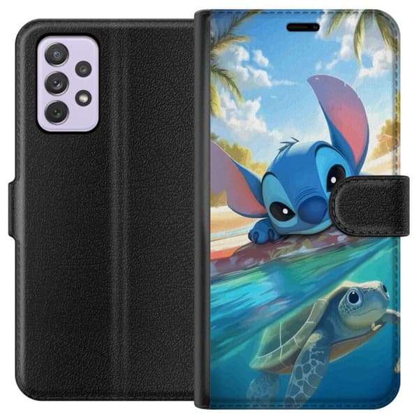 Samsung Galaxy A52s 5G Lompakkokotelo Stitch kilpikonnalla - söpö sininen avaruusolento trooppisessa rantaympäristössä Disneyn tapaan
