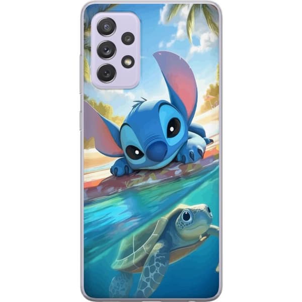 Samsung Galaxy A52s 5G Läpinäkyvä kuori Stitch kilpikonnalla - söpö sininen avaruusolento trooppisessa rantaympäristössä Disneyn tapaan