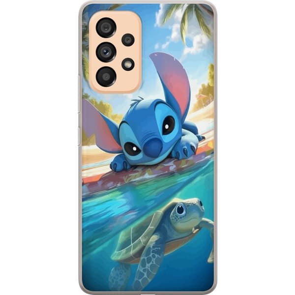Samsung Galaxy A53 5G Gennemsigtig cover Stitch med skildpadde - sød blå alien i tropisk strandmiljø fra Disney