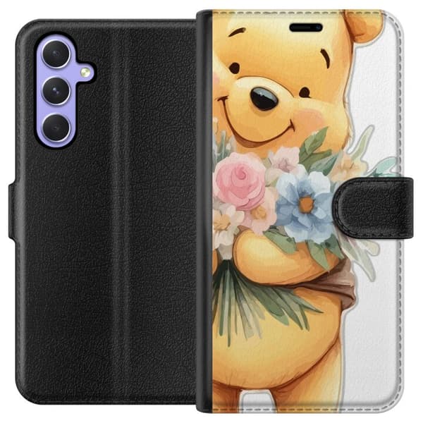 Samsung Galaxy A54 Lompakkokotelo Nalle Puh kukkien kanssa - klassinen lasten suosikki kukkivassa keväisympäristössä