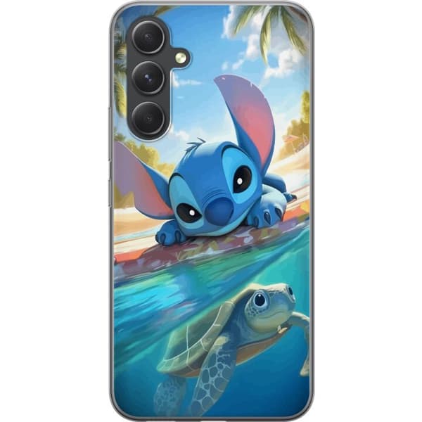 Samsung Galaxy A55 Gennemsigtig cover Stitch med skildpadde - sød blå alien i tropisk strandmiljø fra Disney