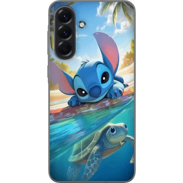 Samsung Galaxy A56 Läpinäkyvä kuori Stitch kilpikonnalla - söpö sininen avaruusolento trooppisessa rantaympäristössä Disneyn tapaan