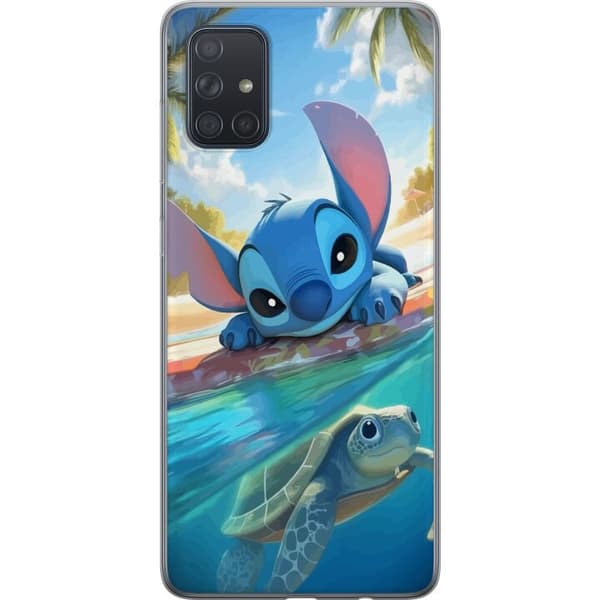 Samsung Galaxy A71 Läpinäkyvä kuori Stitch kilpikonnalla - söpö sininen avaruusolento trooppisessa rantaympäristössä Disneyn tapaan
