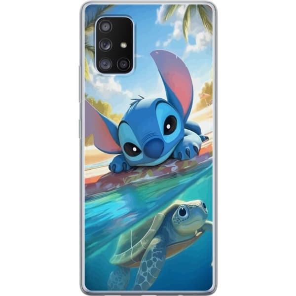 Samsung Galaxy A71 5G Läpinäkyvä kuori Stitch kilpikonnalla - söpö sininen avaruusolento trooppisessa rantaympäristössä Disneyn tapaan