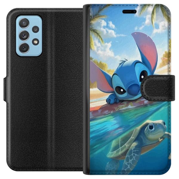 Samsung Galaxy A72 5G Tegnebogsetui Stitch med skildpadde - sød blå alien i tropisk strandmiljø fra Disney