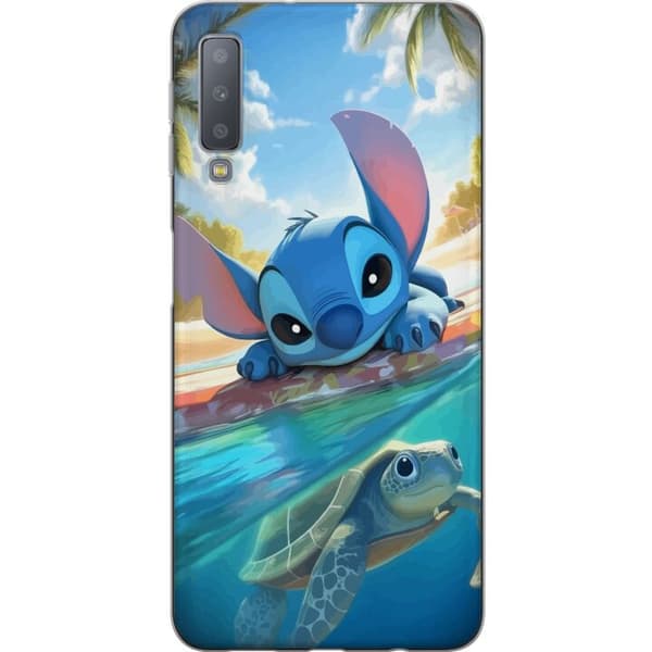 Samsung Galaxy A7 (2018) Läpinäkyvä kuori Stitch kilpikonnalla - söpö sininen avaruusolento trooppisessa rantaympäristössä Disneyn tapaan