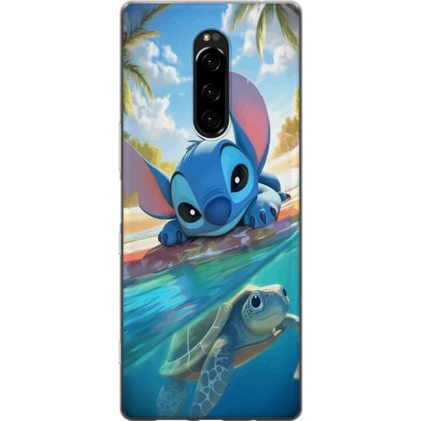 Sony Xperia 1 Gennemsigtig cover Stitch med skildpadde - sød blå alien i tropisk strandmiljø fra Disney