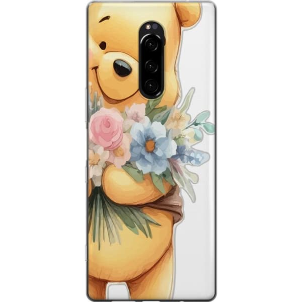 Sony Xperia 1 Gennemsigtig cover Nalle Puh med blomster - klassisk børnefavorit i en blomstrende forårs miljø