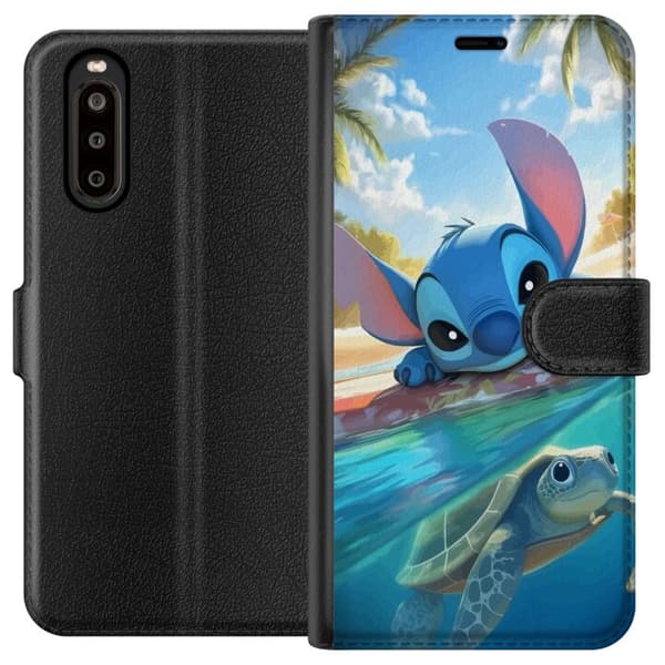 Sony Xperia 10 II Plånboksfodral Stitch med sköldpadda – söt blå alien i tropisk strandmiljö från Disney