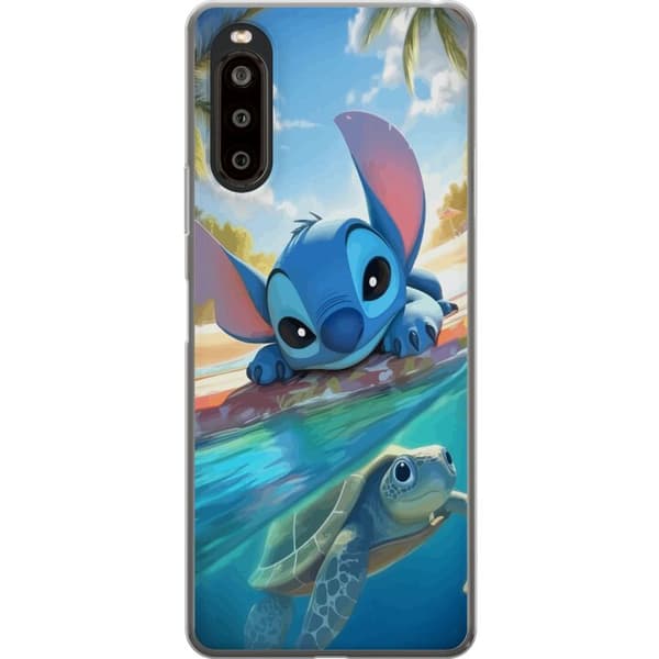 Sony Xperia 10 II Gennemsigtig cover Stitch med skildpadde - sød blå alien i tropisk strandmiljø fra Disney