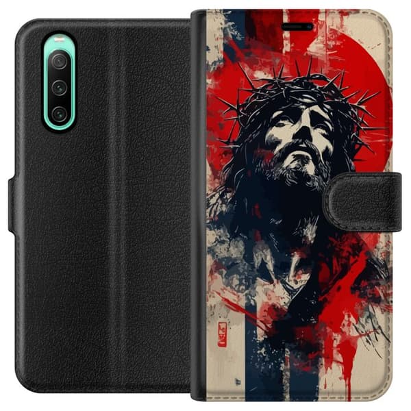 Sony Xperia 10 IV Tegnebogsetui Jesus med kors - kristent motiv med stærk symbolik om tro og håb