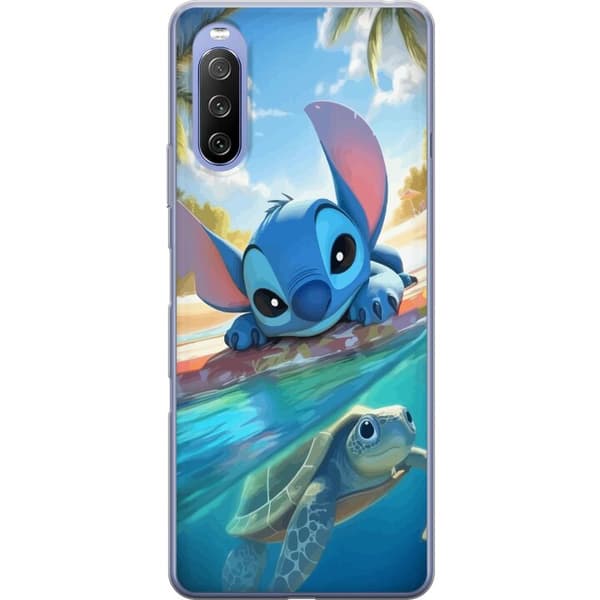 Sony Xperia 10 III Gennemsigtig cover Stitch med skildpadde - sød blå alien i tropisk strandmiljø fra Disney