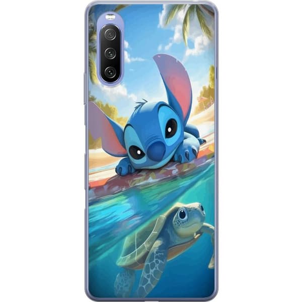 Sony Xperia 10 III Lite Läpinäkyvä kuori Stitch kilpikonnalla - söpö sininen avaruusolento trooppisessa rantaympäristössä Disneyn tapaan