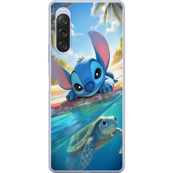 Sony Xperia 10 V Gjennomsiktig deksel Stitch med skilpadde - søt blå alien i tropisk strandmiljø fra Disney