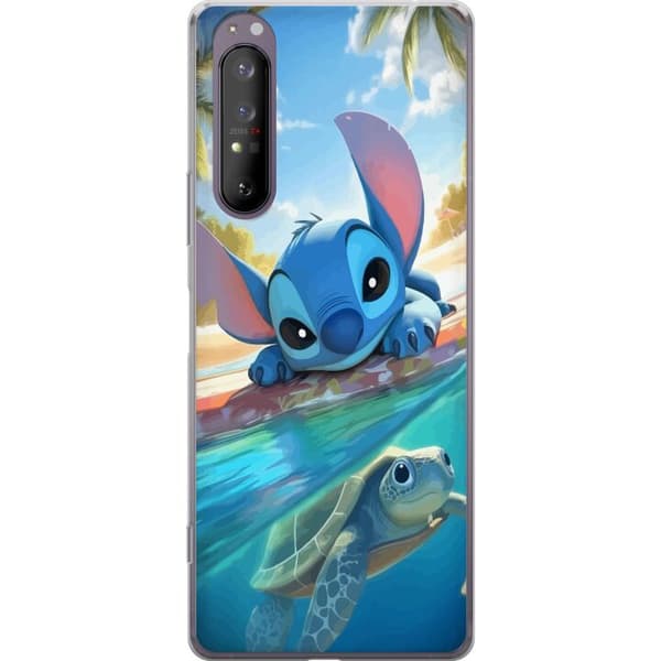 Sony Xperia 1 II Gennemsigtig cover Stitch med skildpadde - sød blå alien i tropisk strandmiljø fra Disney