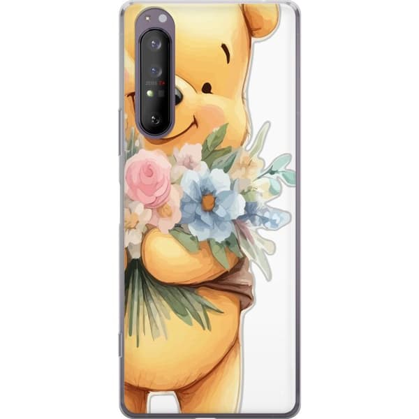 Sony Xperia 1 II Gennemsigtig cover Nalle Puh med blomster - klassisk børnefavorit i en blomstrende forårs miljø