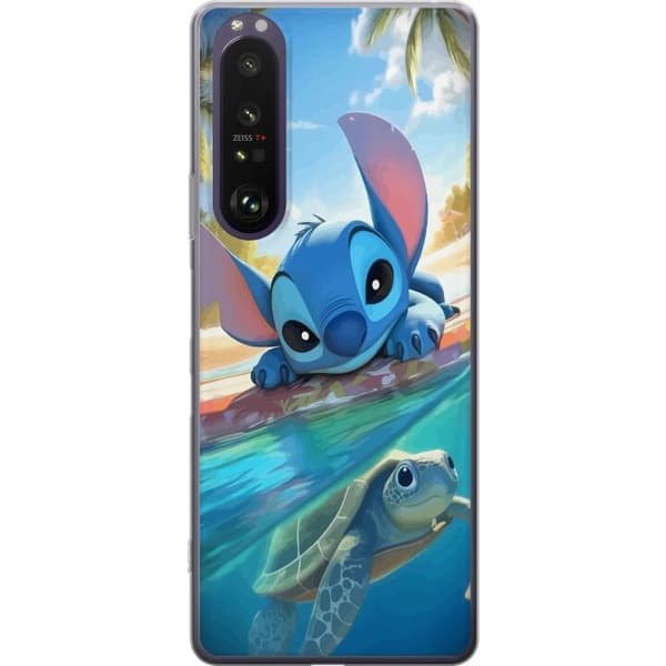 Sony Xperia 1 III Gjennomsiktig deksel Stitch med skilpadde - søt blå alien i tropisk strandmiljø fra Disney