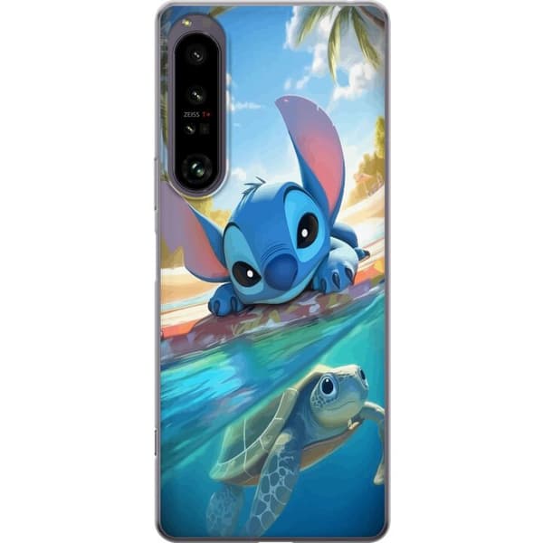 Sony Xperia 1 IV Gjennomsiktig deksel Stitch med skilpadde - søt blå alien i tropisk strandmiljø fra Disney