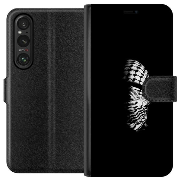 Sony Xperia 1 V Lommeboketui Keffiyeh-mønster - klassisk svart-hvit palestinsk sjal med kulturell betydning