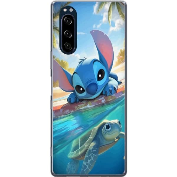Sony Xperia 5 Gjennomsiktig deksel Stitch med skilpadde - søt blå alien i tropisk strandmiljø fra Disney
