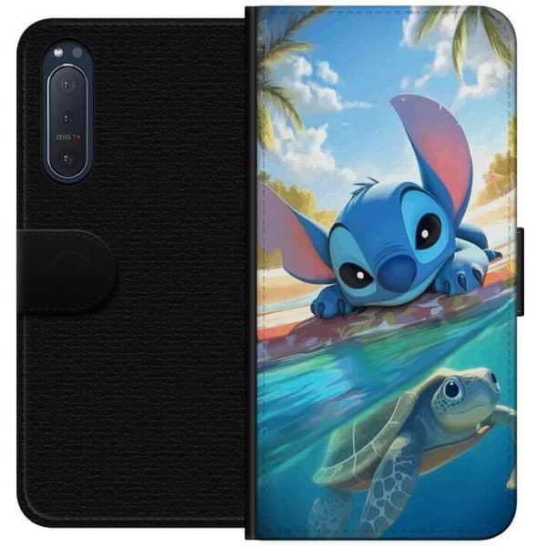 Sony Xperia 5 II Lommeboketui Stitch med skilpadde - søt blå alien i tropisk strandmiljø fra Disney