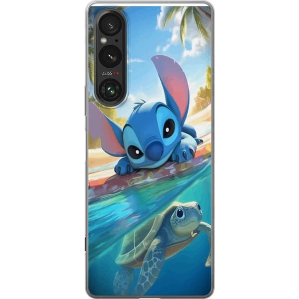 Sony Xperia 1 VI Gennemsigtig cover Stitch med skildpadde - sød blå alien i tropisk strandmiljø fra Disney