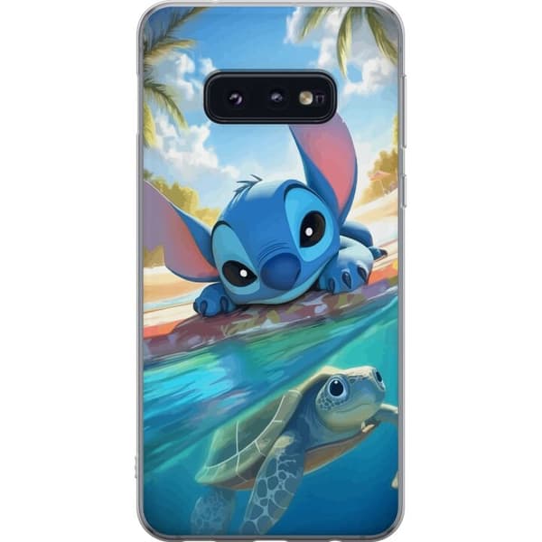 Samsung Galaxy S10e Gennemsigtig cover Stitch med skildpadde - sød blå alien i tropisk strandmiljø fra Disney
