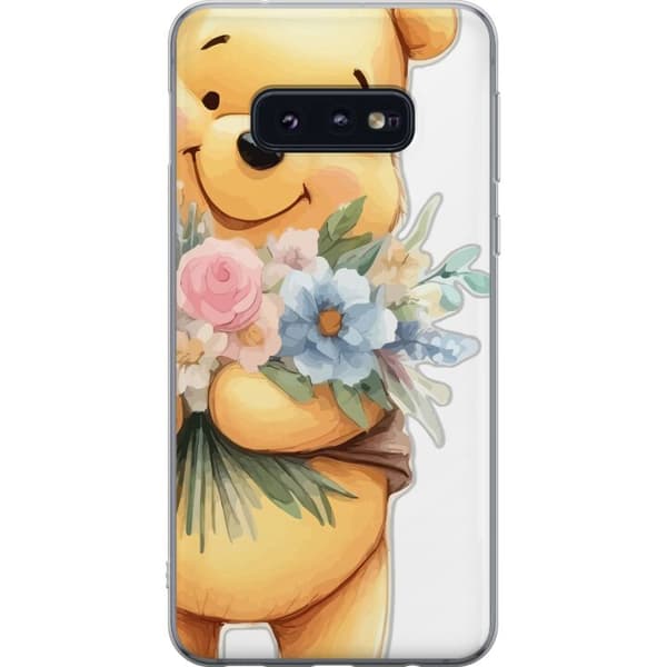 Samsung Galaxy S10e Läpinäkyvä kuori Nalle Puh kukkien kanssa - klassinen lasten suosikki kukkivassa keväisympäristössä