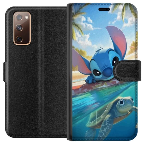 Samsung Galaxy S20 FE Lompakkokotelo Stitch kilpikonnalla - söpö sininen avaruusolento trooppisessa rantaympäristössä Disneyn tapaan