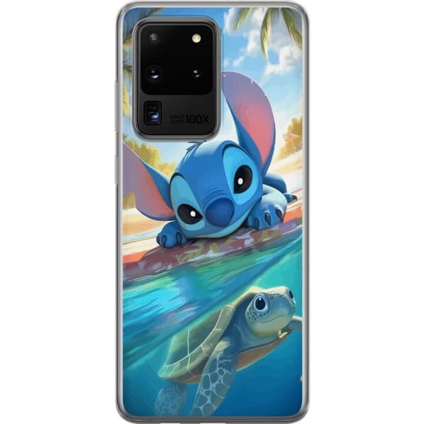 Samsung Galaxy S20 Ultra Läpinäkyvä kuori Stitch kilpikonnalla - söpö sininen avaruusolento trooppisessa rantaympäristössä Disneyn tapaan