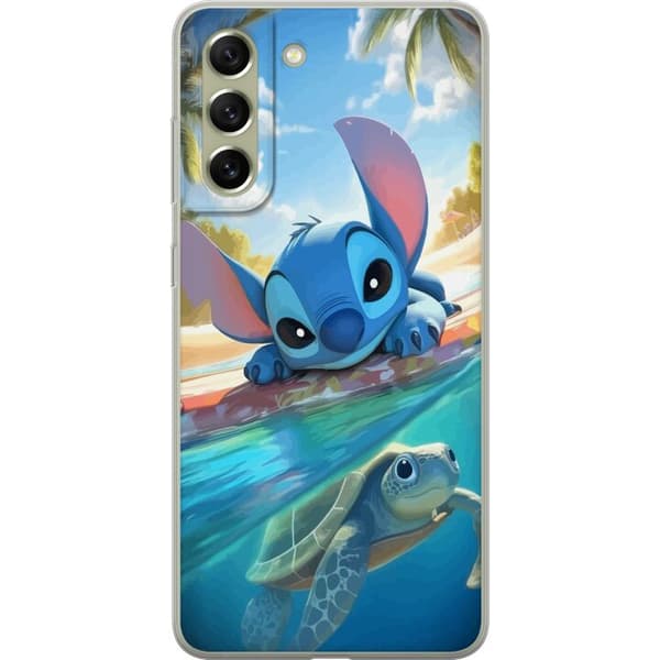 Samsung Galaxy S21 FE 5G Gjennomsiktig deksel Stitch med skilpadde - søt blå alien i tropisk strandmiljø fra Disney