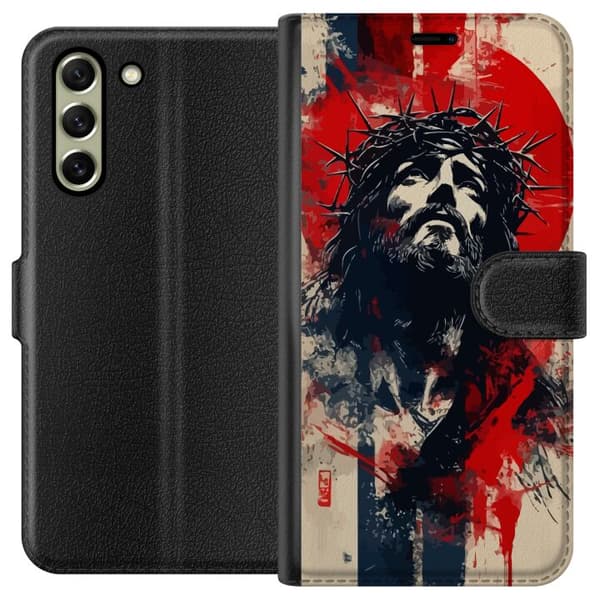 Samsung Galaxy S21 FE 5G Tegnebogsetui Jesus med kors - kristent motiv med stærk symbolik om tro og håb