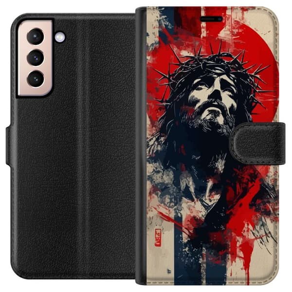 Samsung Galaxy S21 Lompakkokotelo Jeesus ristillä - kristillinen aihe vahvalla symboliikalla uskosta ja toivosta