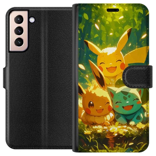 Samsung Galaxy S21 Plånboksfodral Pixelmonster spelstil – färgstark design för retroälskande gamers