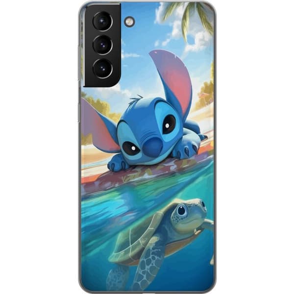 Samsung Galaxy S21+ 5G Läpinäkyvä kuori Stitch kilpikonnalla - söpö sininen avaruusolento trooppisessa rantaympäristössä Disneyn tapaan