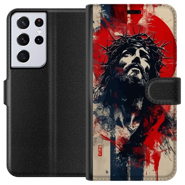 Samsung Galaxy S21 Ultra 5G Tegnebogsetui Jesus med kors - kristent motiv med stærk symbolik om tro og håb