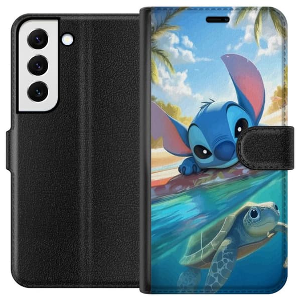 Samsung Galaxy S22 5G Lommeboketui Stitch med skilpadde - søt blå alien i tropisk strandmiljø fra Disney