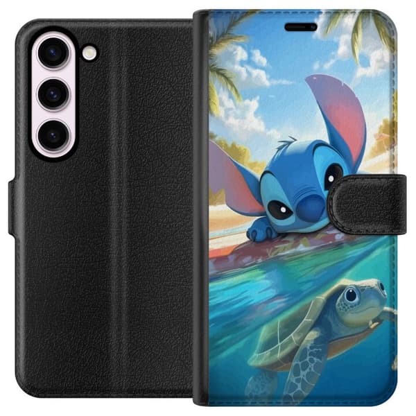 Samsung Galaxy S23 Tegnebogsetui Stitch med skildpadde - sød blå alien i tropisk strandmiljø fra Disney